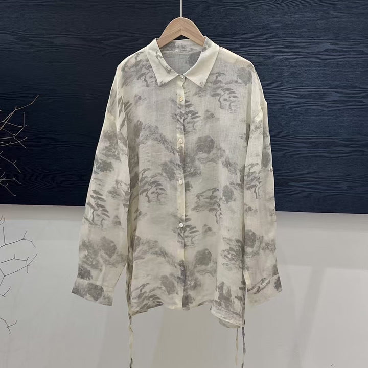 Femme Floral Print Langærmet Linnedskjorte Stilla