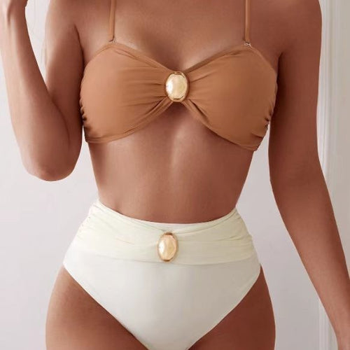 Dame Bandeau-bikini-sæt med moderigtigt gulddetalje og høj talje Stilla