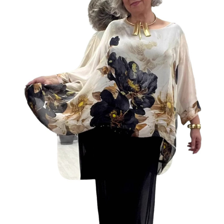 Dame let chiffon tunika med blomsterdesign og brede ærmer Stilla