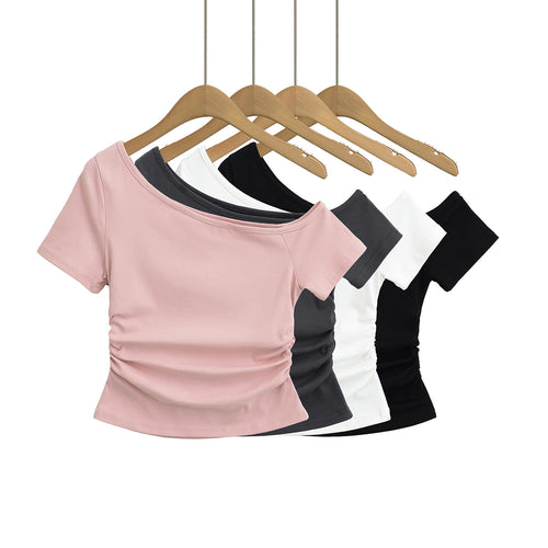 Dame stilfuld cropped top med asymmetrisk udskæring og forfinede flæsedetaljer Stilla