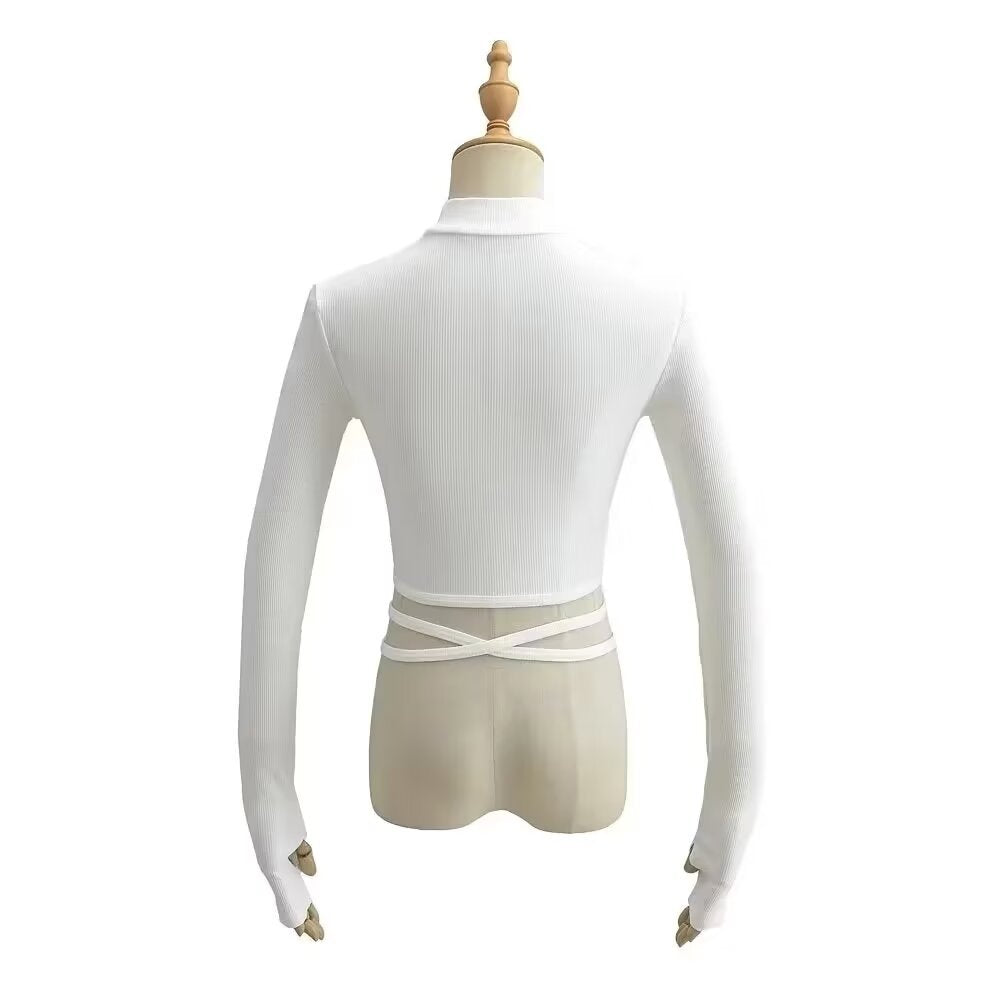 Dame crop langærmet top med fashionable bindebælte og raffinerede cut-out detaljer Stilla