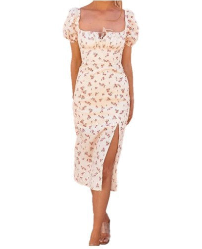 Dame Blomsterprint Puffærmer Midi Kjole Stilla