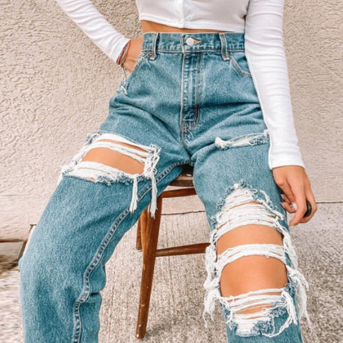 Dame Vintage Høj Talje Destroyed Jeans med frynset Detaljer Skovae