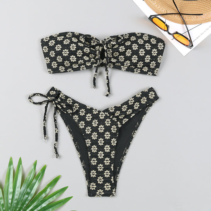 Dame Bandeau-Bikini sæt med legende knudedesign og højt benudskæring Stilla