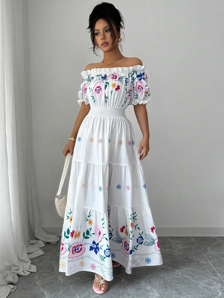 Dame Sommer Maxi-Kjole med romantiske blomsterbroderier og elastisk talje Stilla