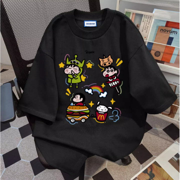 Dame T-shirt med kunstnerisk cartoon-tryk Stilla