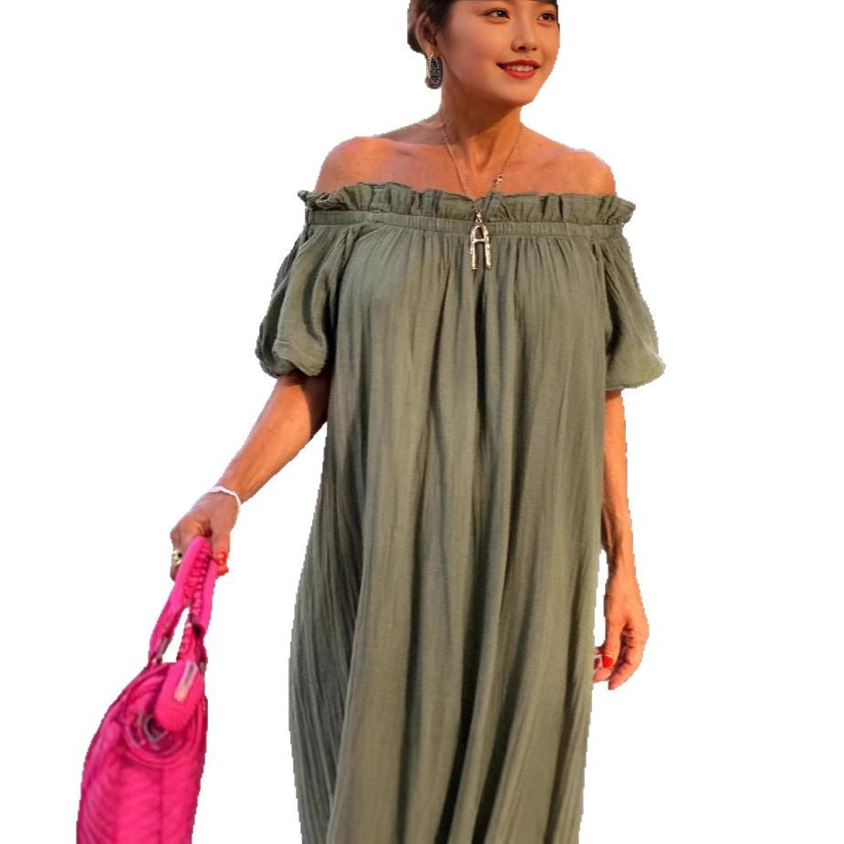 Dame Off-Shoulder Maxikjole med voluminøse pufærmer og flæser Stilla