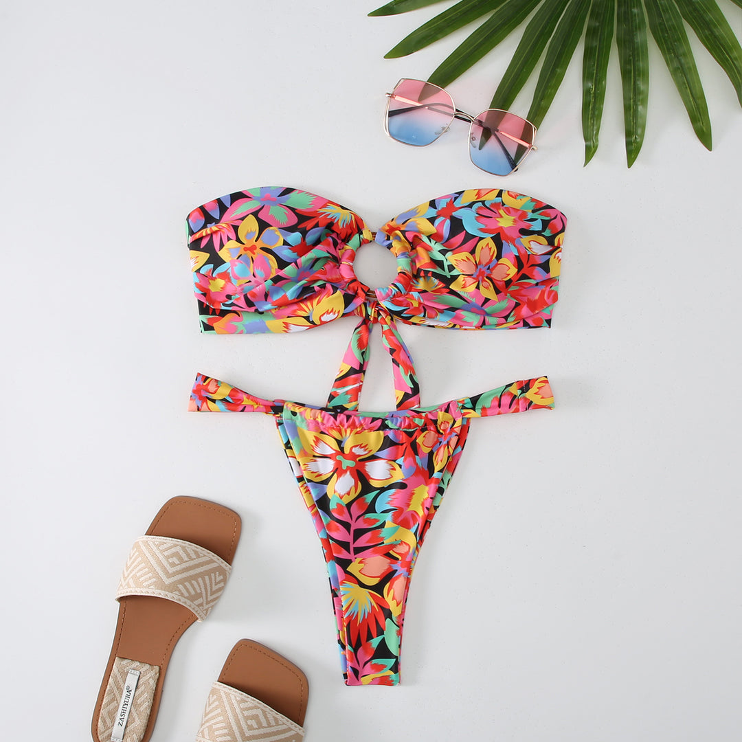 Dame Floral Print Bandeau Bikini Sæt Stilla