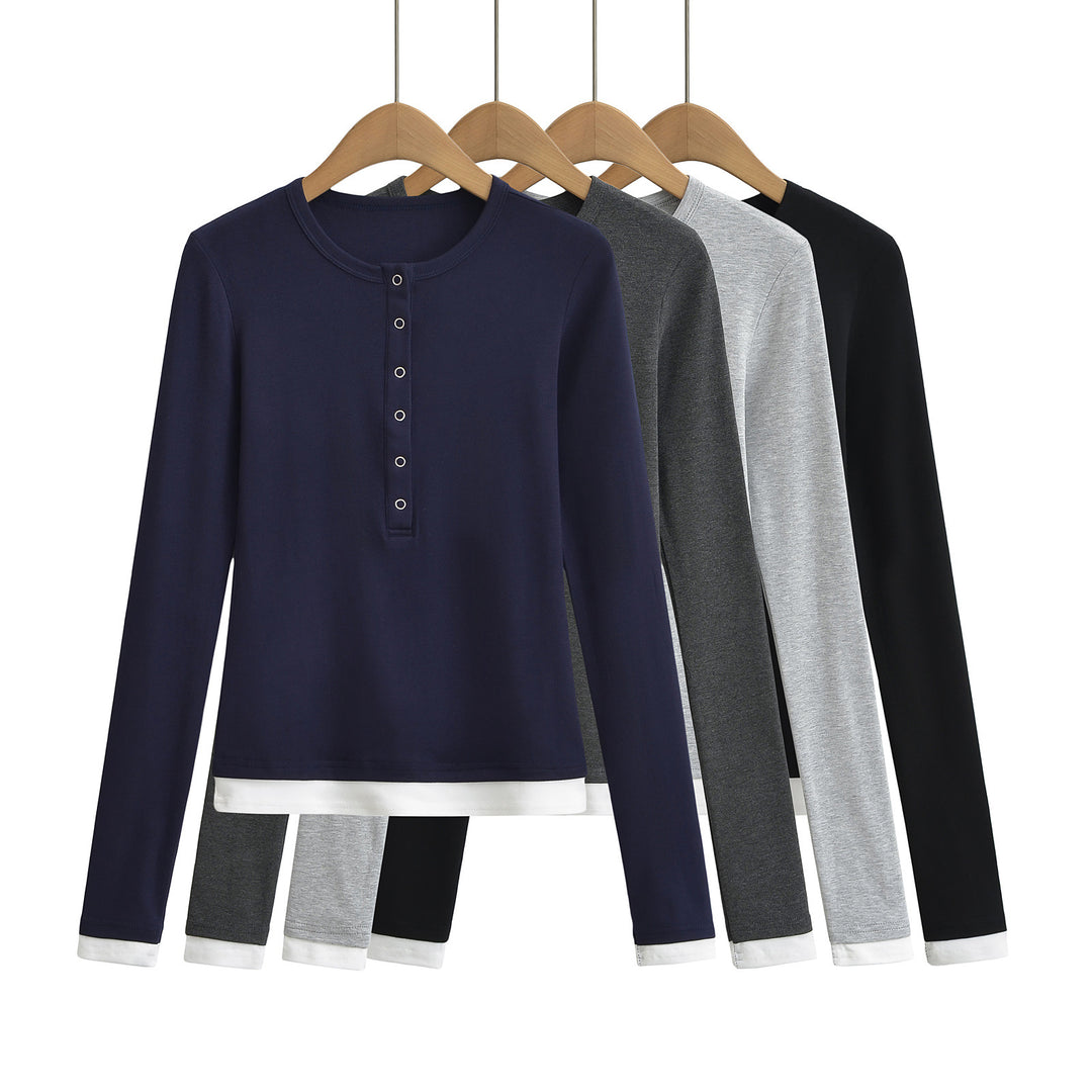 Dame langærmet Henley-shirt med knaplignende udskæring og sidelayouts i kontrast Stilla