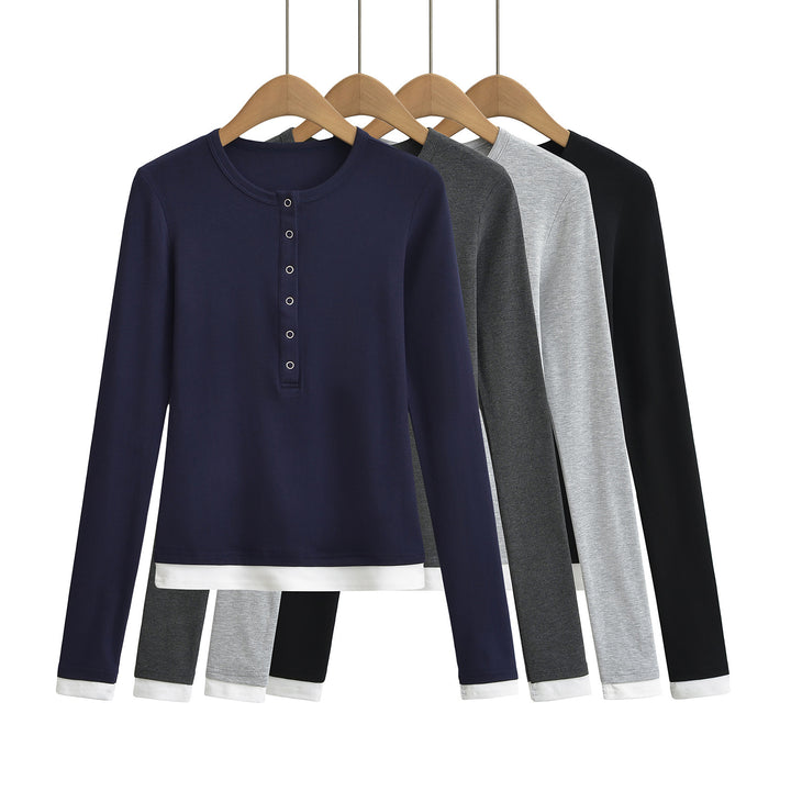 Dame langærmet Henley-shirt med knaplignende udskæring og sidelayouts i kontrast Stilla