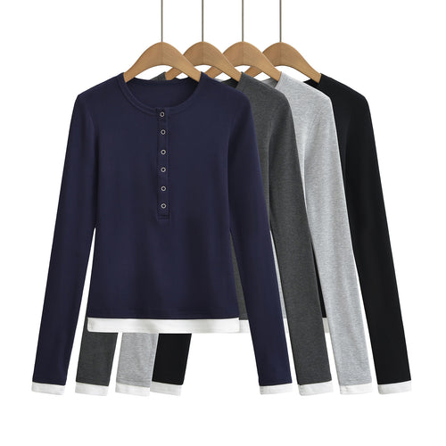 Dame langærmet Henley-shirt med knaplignende udskæring og sidelayouts i kontrast Stilla