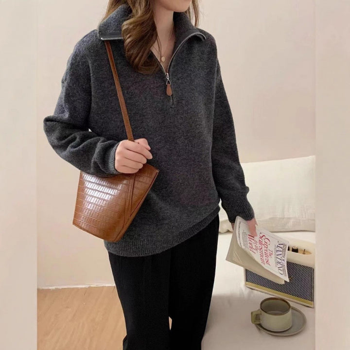 Kvinders mode sweater med høj hals og lynlås
