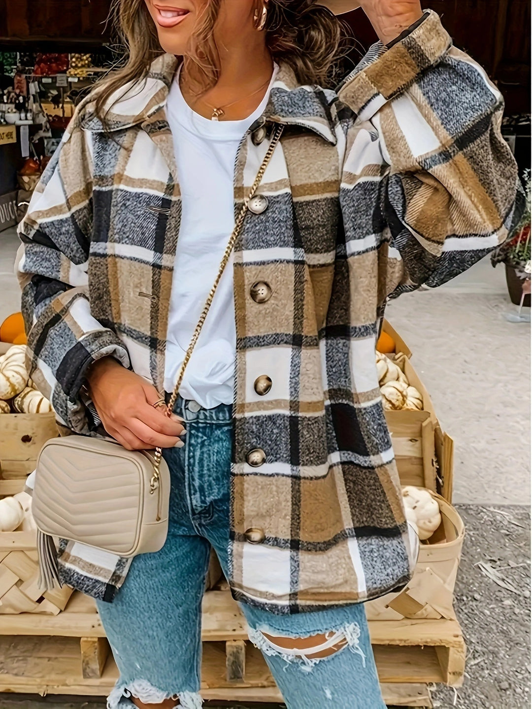 Dame Tjekket Flanneljakke med Knapdetaljer og Casual Snit Stilla