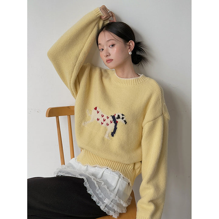 Dame hyggelig sweater med filigranmæssigt hundemotiv og elastisk talje Stilla