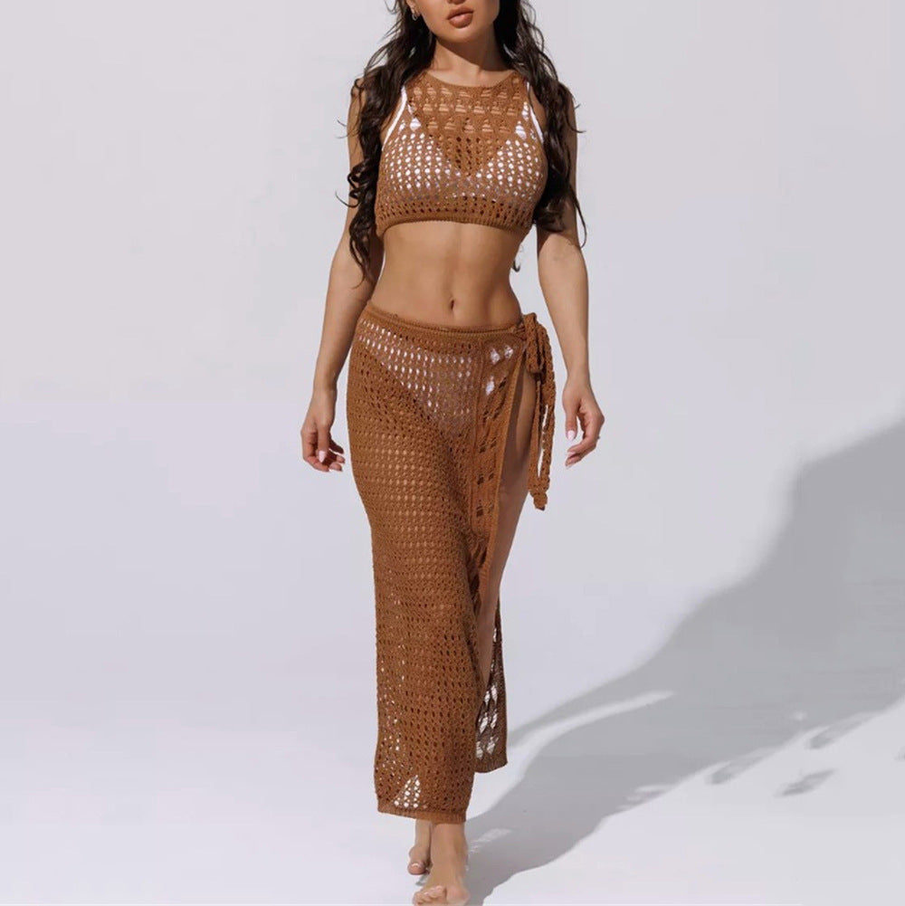 Dame hæklede strand sæt med høj talje nederdel og crop-top Stilla