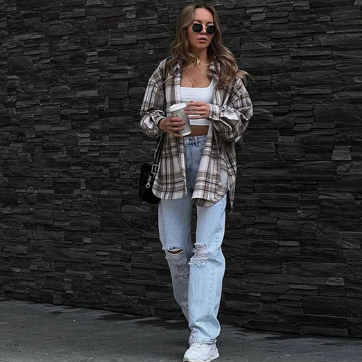 Dame Karo-Skjortejakke med oversize snit Stilla