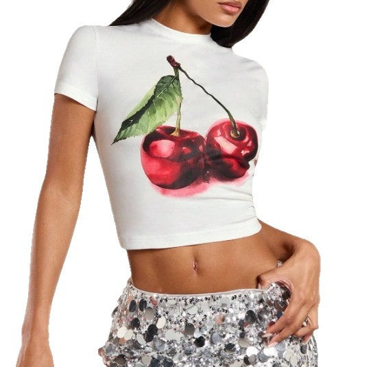Dame Crop-T-Shirt med frugtrigt kirsebærmotiv og tætsiddende pasform Skovae