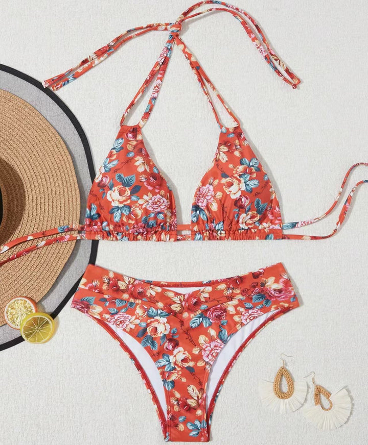 Femme Justerbart Bindebånd Blomsterdesign Bikini-Sæt Stilla