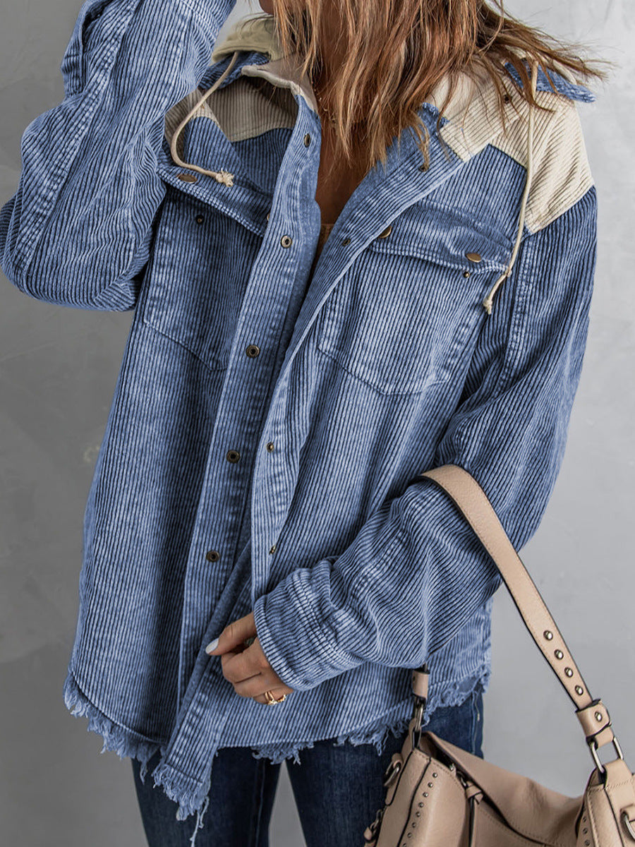 Stilla | Jakke med hætte Oversized Fit Cord-struktur Knaplukning Frynsekrans