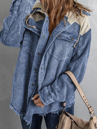 Stilla | Jakke med hætte Oversized Fit Cord-struktur Knaplukning Frynsekrans