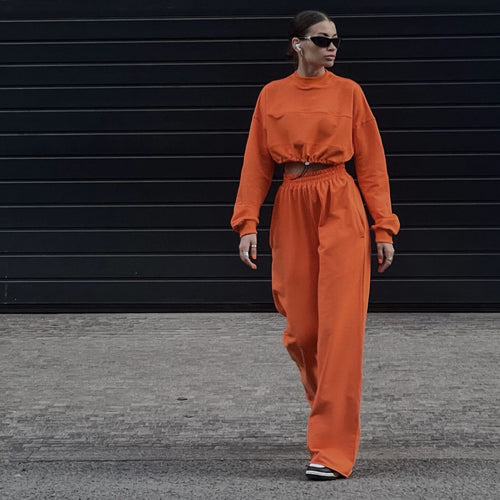 Kvindernes trendy cropped sweatshirts og brede bukser sæt Skovae