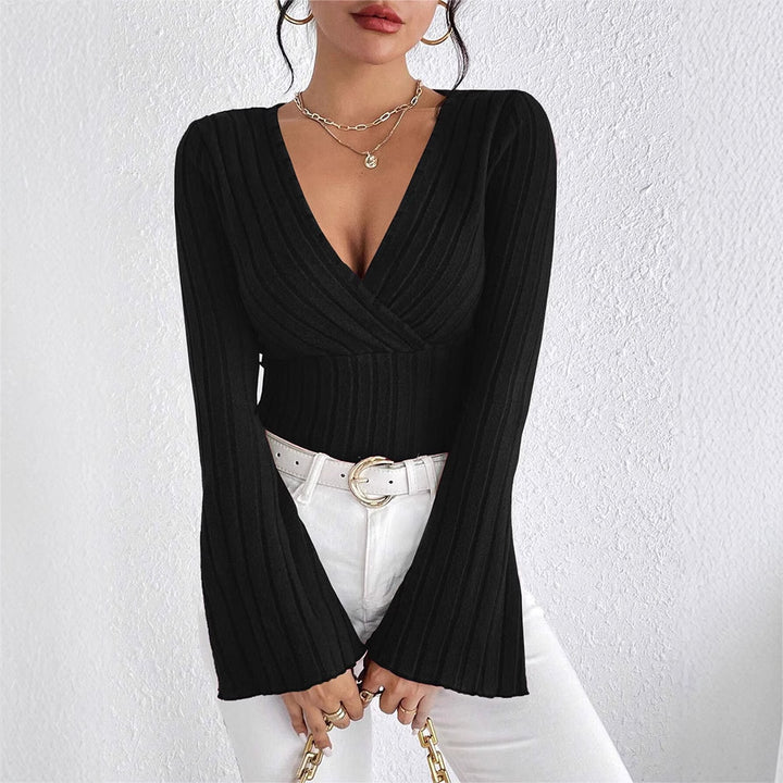 Dame elegant wrap top med rib strik og snoet design Skovae