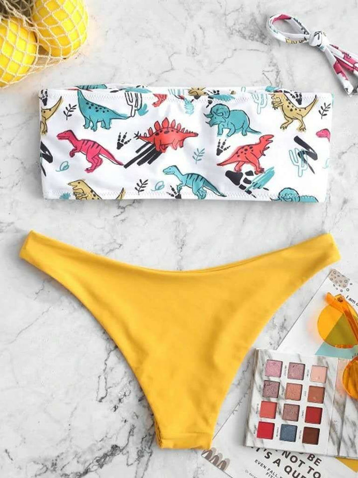 Damer Dinosaurer Tryk Bandeau Bikini Sæt Stilla