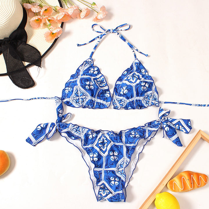 Dame triangel-bikini med florale mønstre og sløjfe-detalje Stilla