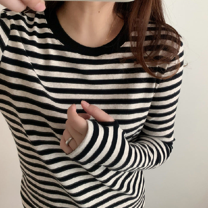 Dame casual langærmet skjorte med fashionable stribemønster og tommelhuller Stilla