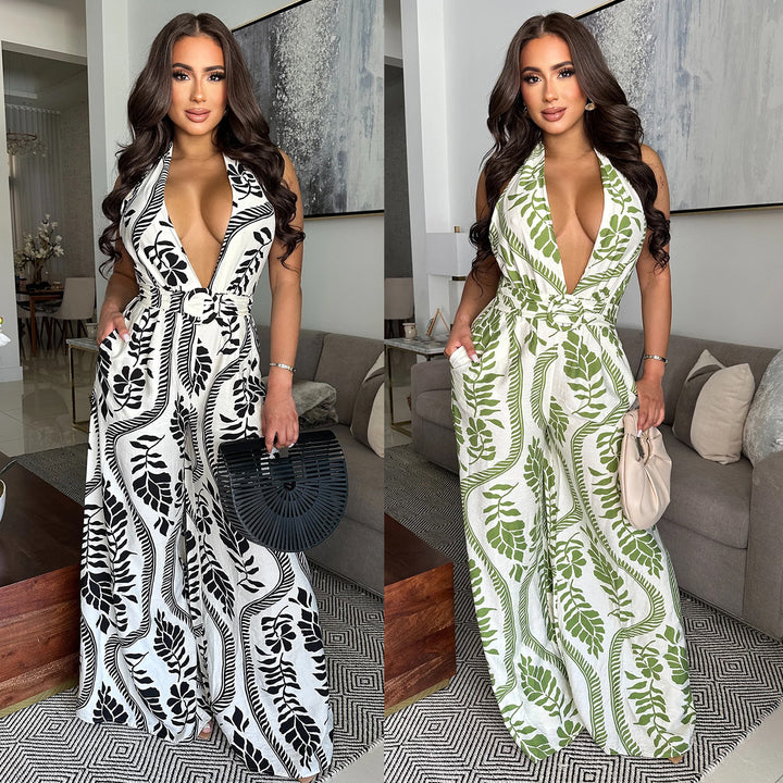 Dame Elegant og luftig Jumpsuit med dyb udskæring og blomstermuster Stilla