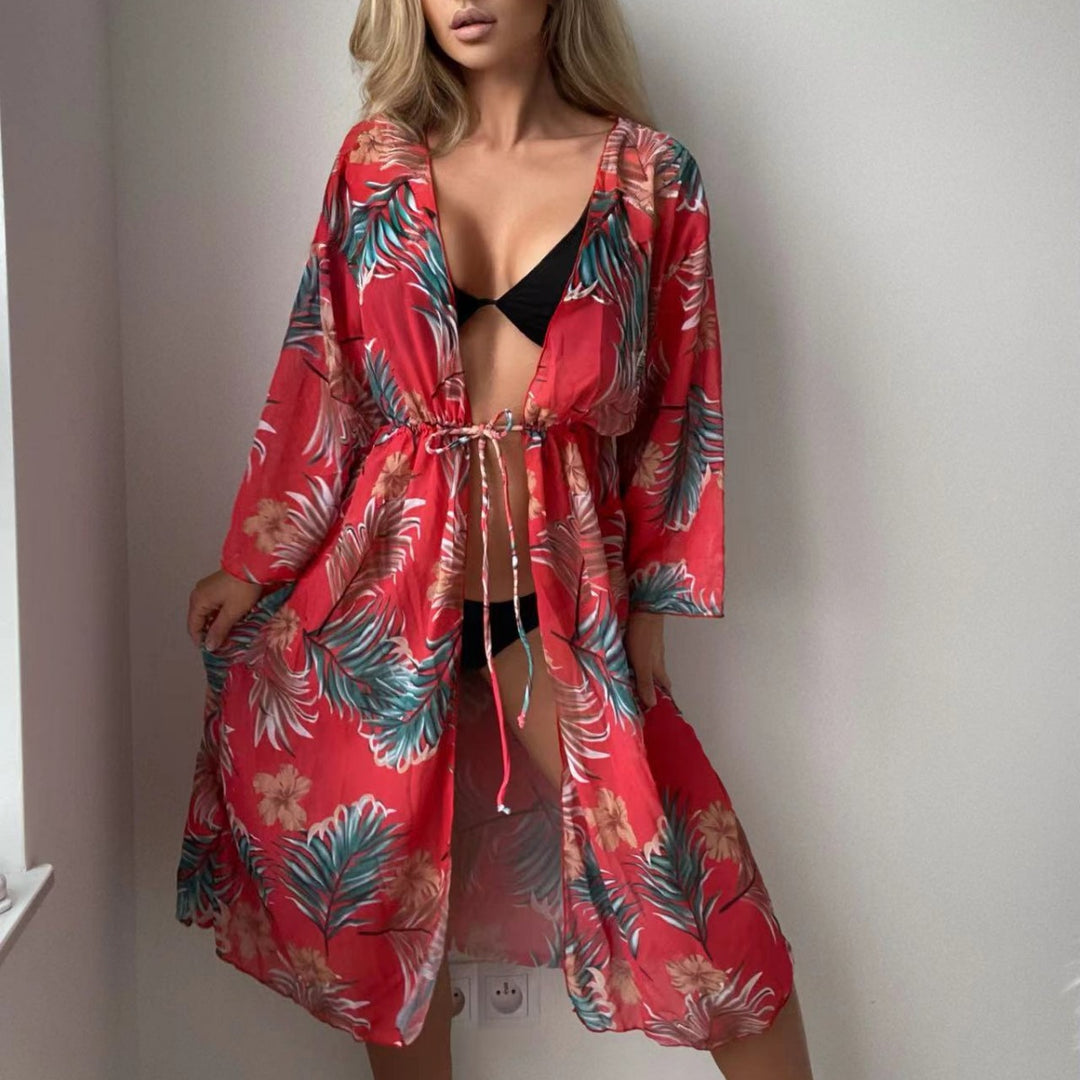 Dame let luftigt strandkimono med blomstermotiver Skovae
