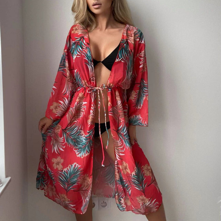 Dame let luftigt strandkimono med blomstermotiver Skovae