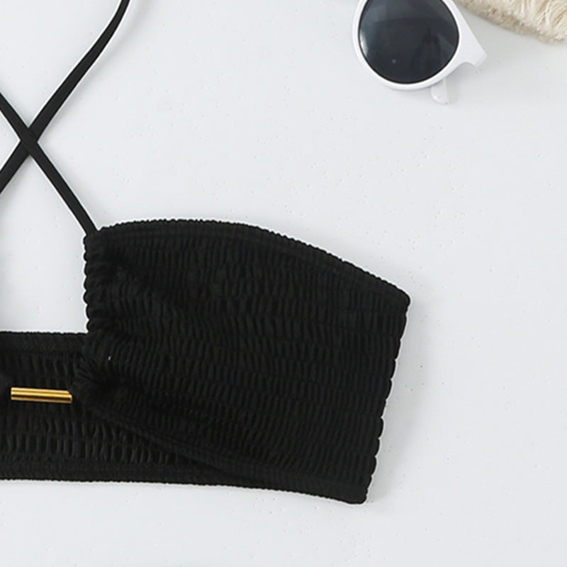 Dame Bikini-sæt med smock bandeau-top og højt skårne trusser Skovae