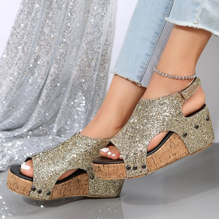 Dame Wedge-Pantoletten med glimrende glimmermateriale og anatomisk fodseng Stilla