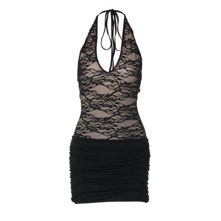 Damen Neckholder Minikleid mit eleganter Spitze und gerafftem Rock Skovae