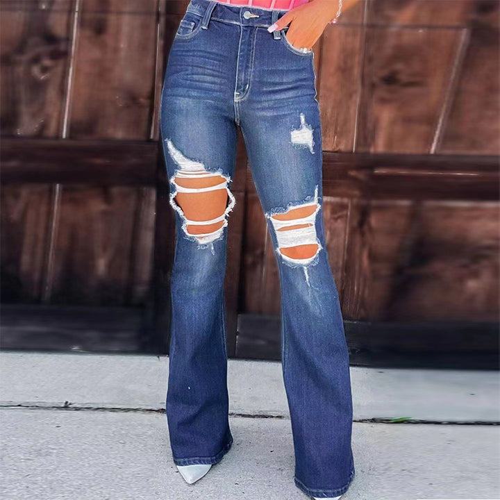 Kvinders Flared Jeans i Ødelagt Udseende med Høje Lommer og Frayed Kant Stilla
