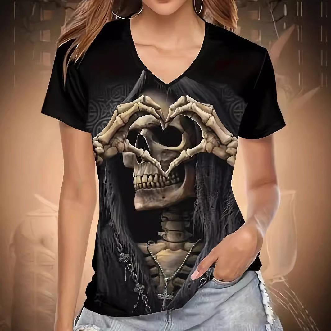 Dame T-shirt med kreativt skeletmotiv og V-udskæring Stilla