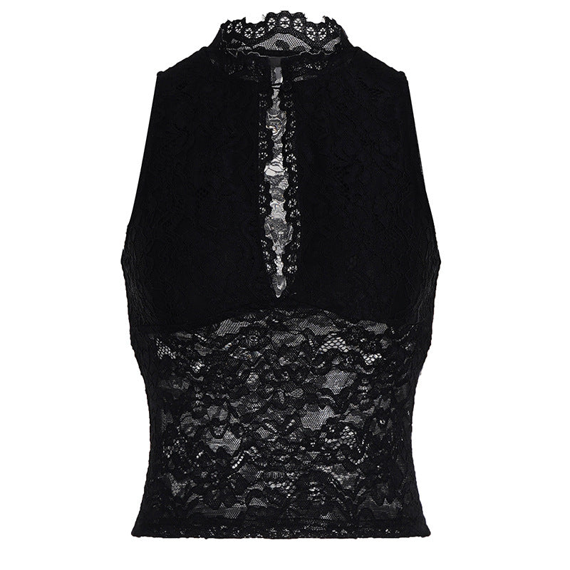 Dame spids crop top med elegant stående krave og gennemsigtige indsatser Skovae