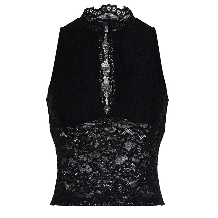 Dame spids crop top med elegant stående krave og gennemsigtige indsatser Skovae
