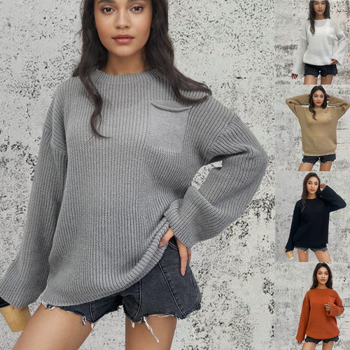 Dame stor strikket sweater med innovativt tekstureret mønster og brystlomme Stilla