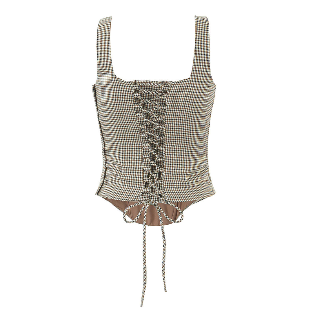 Dame Crop-Top med raffinerede flæsedetaljer og kontrastfarvet ternet mønster Stilla