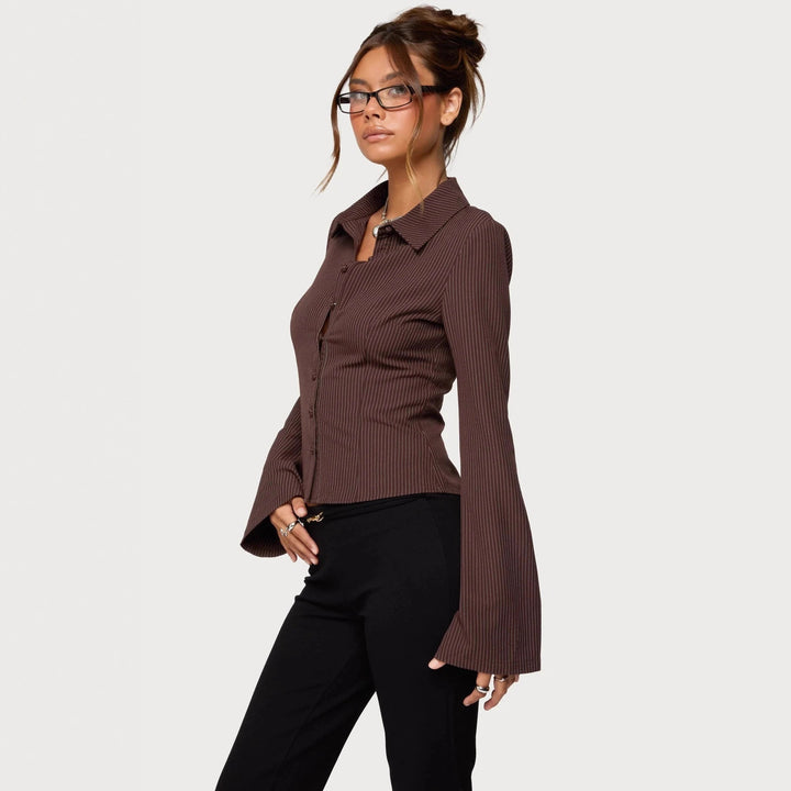 Dame Rib-Optik Bluse med elegant krave og smal pasform Skovae