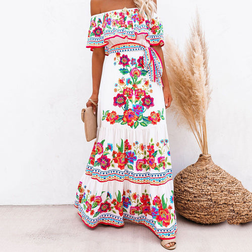 Dame Off-Shoulder Maxikjole med blomster mønstre og elastisk taljebælte Stilla