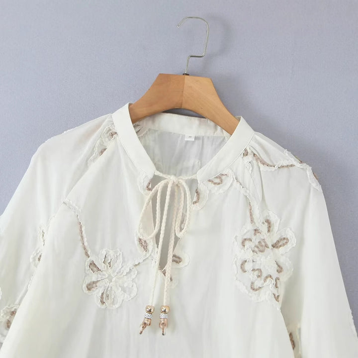 Damer Elegant Broderet Bluse med Flæser Stilla