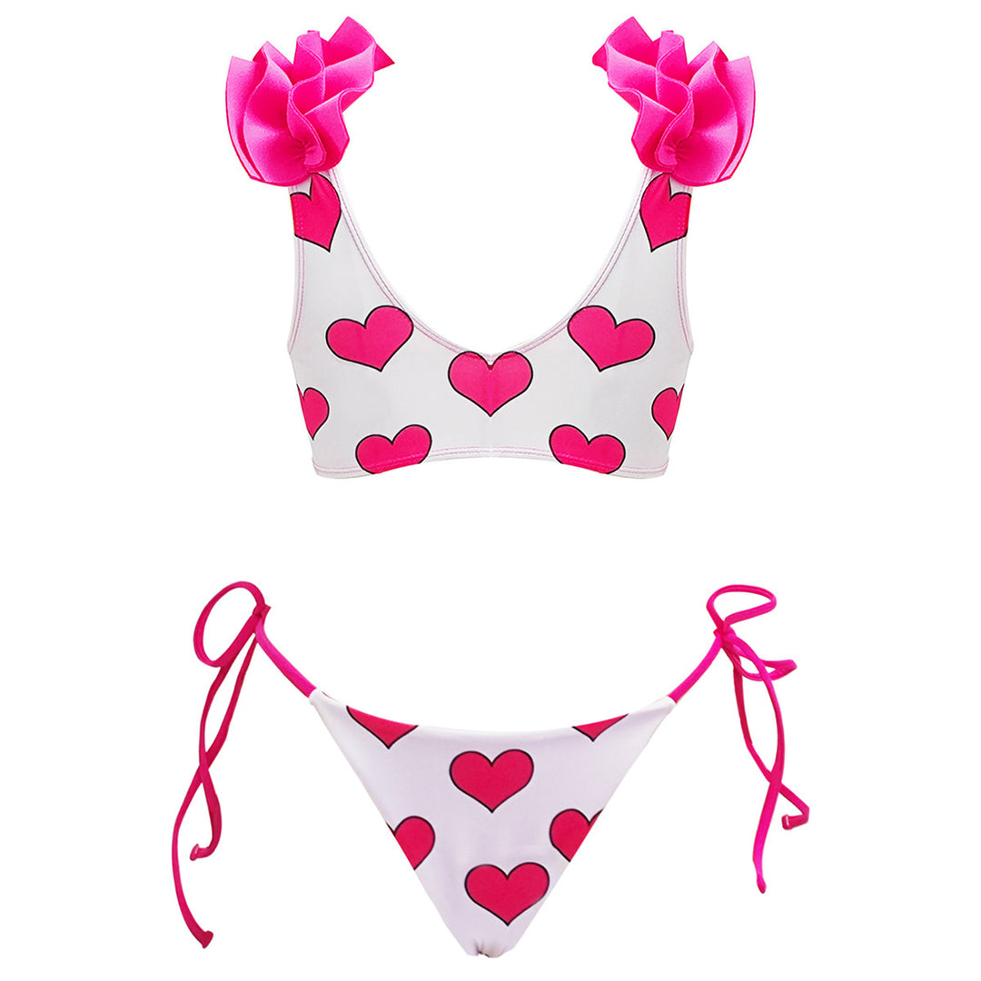 Dame bikini-sæt med legesyge flæsedetaljer og hjerteprint Stilla
