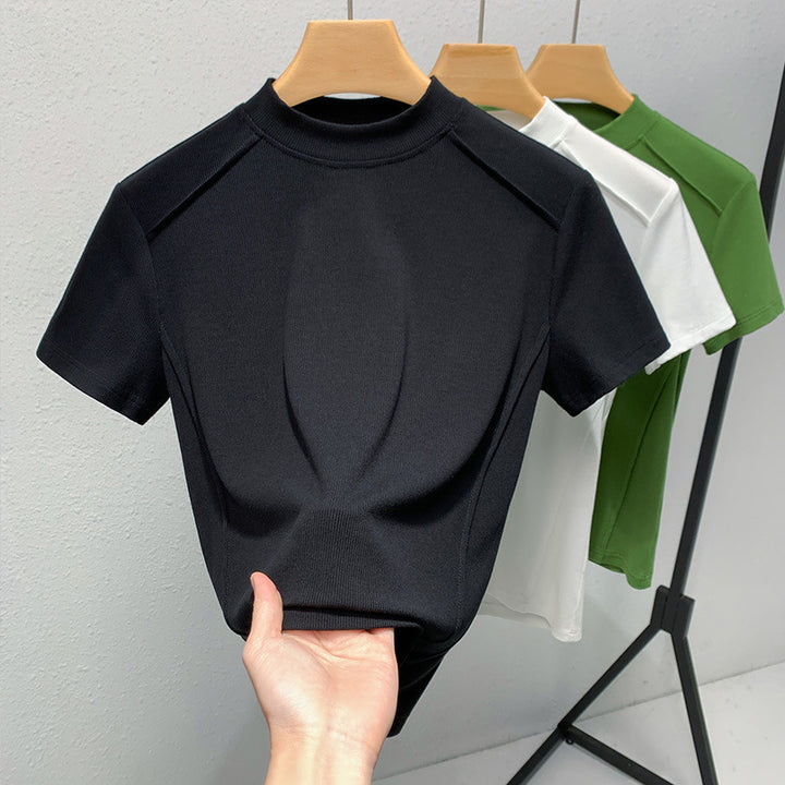 Dame kortærmet T-shirt med høj ståkrave og fin ribstruktur Stilla