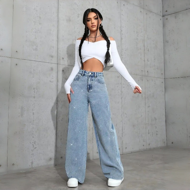 Dame Elegante High-Waist Jeans i vid pasform med glitrende detalje Skovae