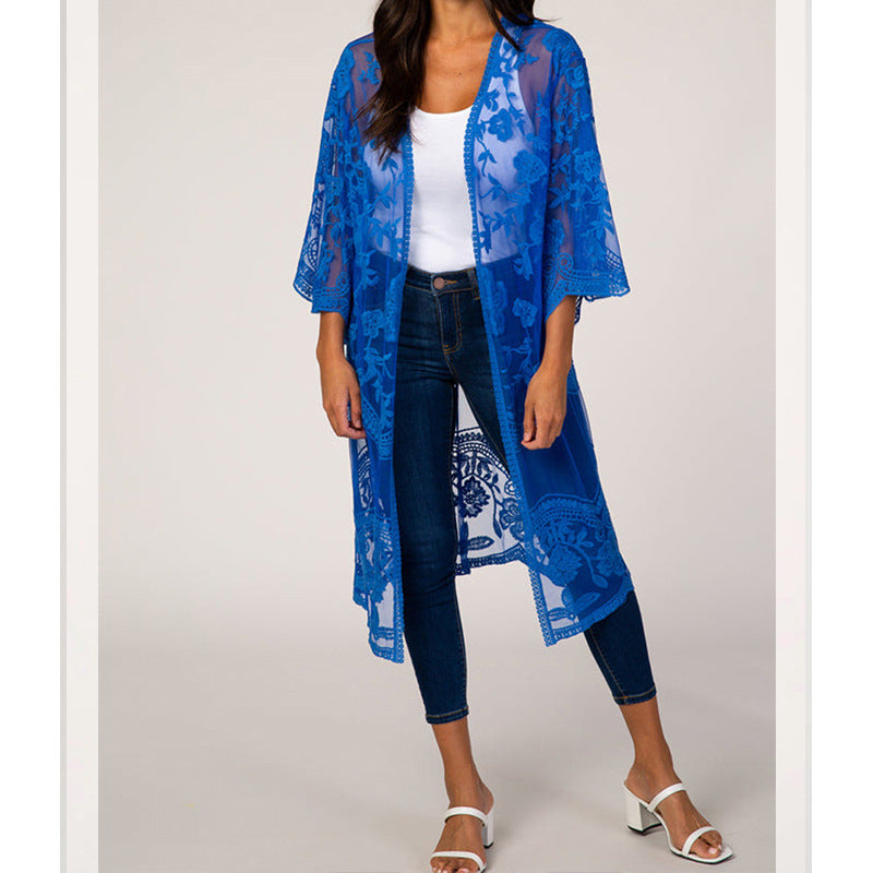 Dame luftig Crochet-Kimono med blomsterdetaljer Stilla