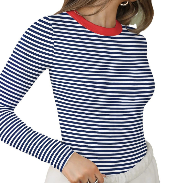 Dame figursyet Langærmet-Crop-Top med iøjnefaldende stribemønster og høj krave Stilla