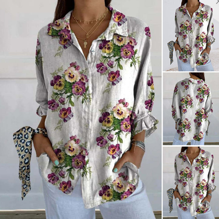 Dame nan lette linnedlook-skjorte med blomsterprint, løs pasform, opkræftelige ærmer og sidelommer Skovae